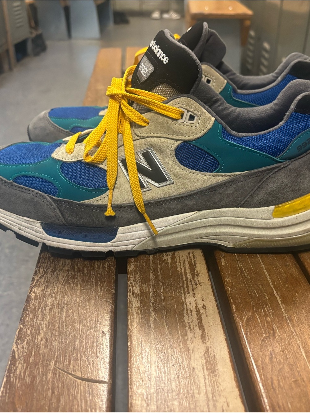 New Balance Men's Gray, Blue & Teal Sneakers with Yellow Laces